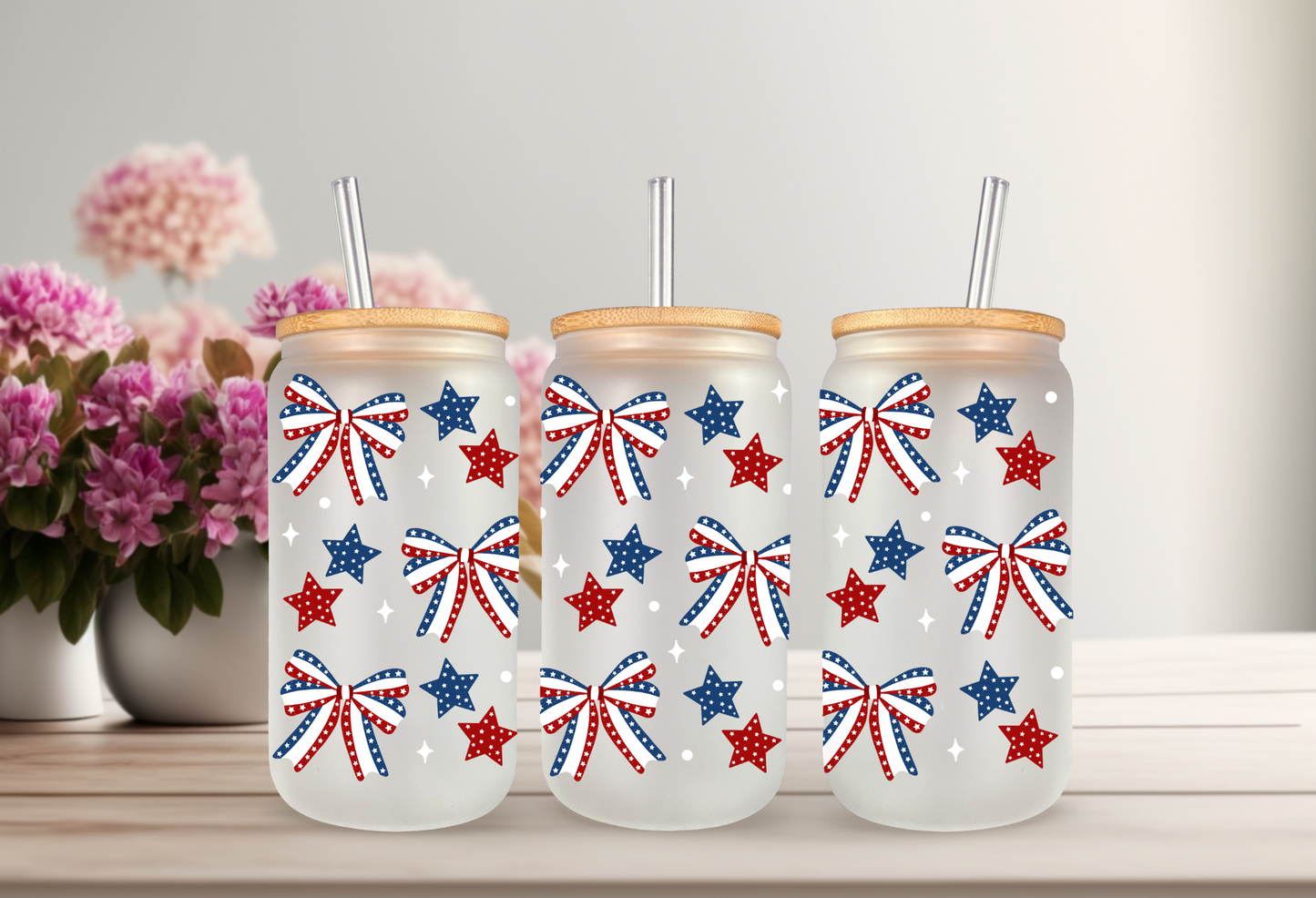 UVDTF Wrap 4th of July Bows Stars 16oz Can Glass Mug Tumbler, Ready to apply, Permanent Waterproof Adhesive