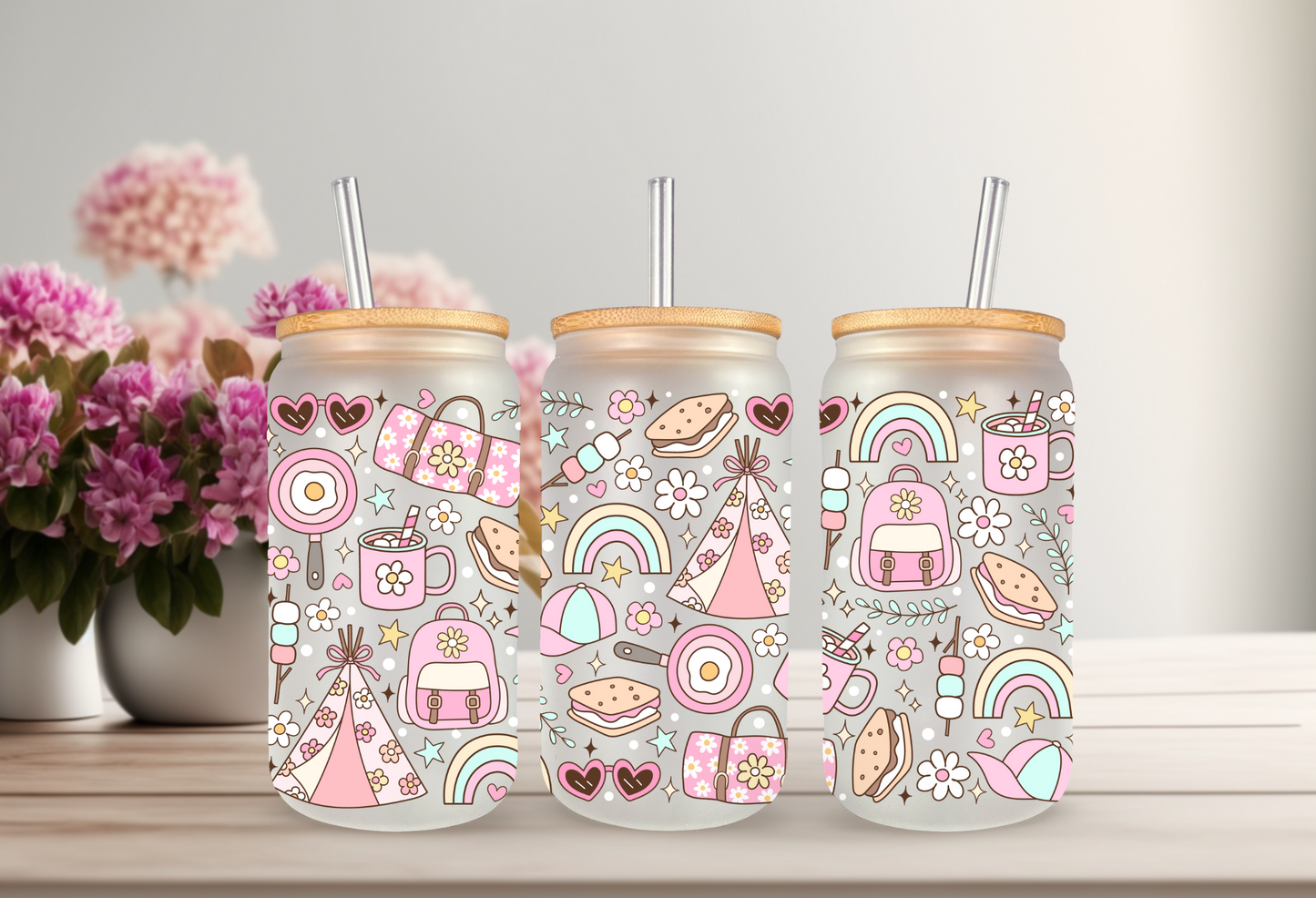 UVDTF Wrap Girly Camp 16oz Can Glass Mug Tumbler, Ready to apply, Camp Wrap, Permanent Waterproof Adhesive