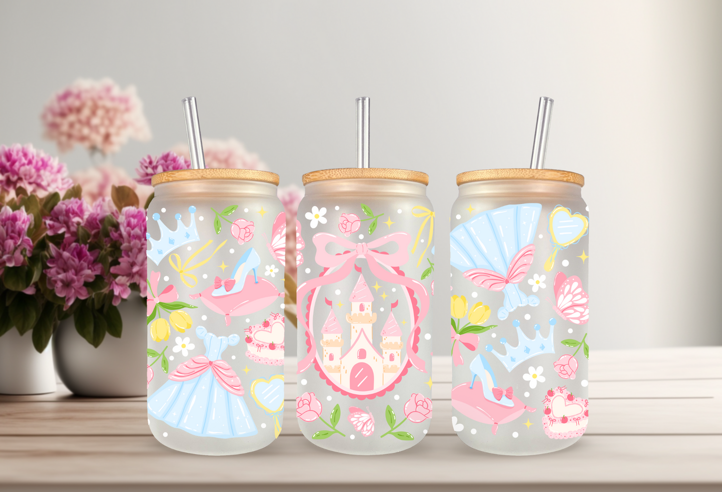 UVDTF Wrap Pastel Princess 16oz Can Glass Mug Tumbler, Ready to apply, Permanent Waterproof Adhesive