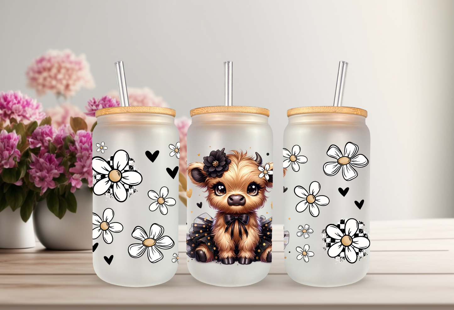 UVDTF Wrap Highland Cow Black Tutu Daisy 16oz Can Glass Mug Tumbler Wrap, Ready to apply, Permanent Adhesive