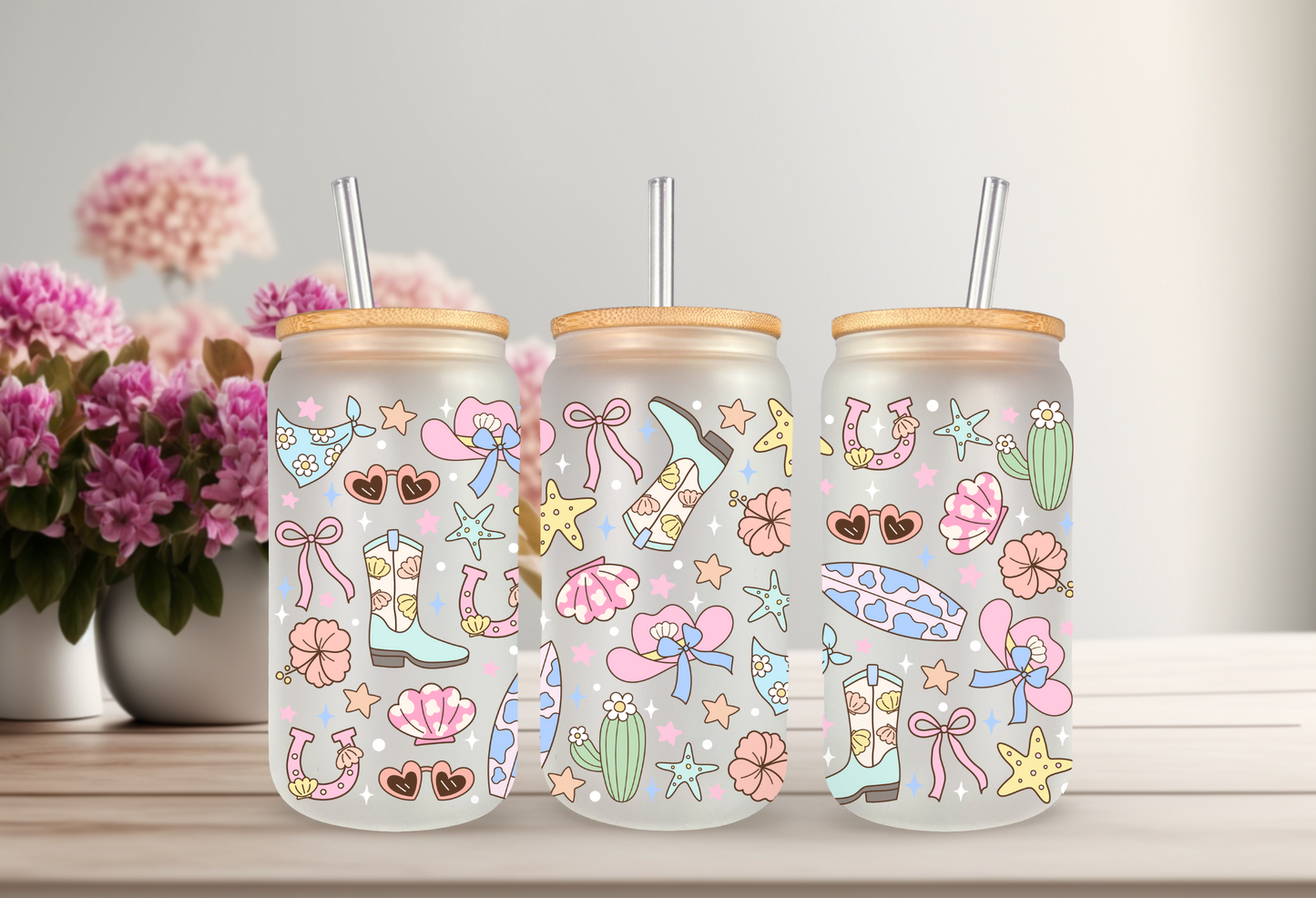 UVDTF Wrap Coastal Cowgirl for 16oz Can Glass Mug Tumbler, Daisy Wrap, Ready to Apply, Permanent Waterproof Adhesive