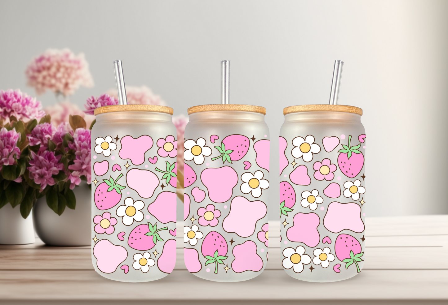 UVDTF Wrap Strawberry Cow Print Daisy 16oz Can Glass Mug Tumbler, Strawberry Wrap, Ready to apply, Permanent Waterproof Adhesive