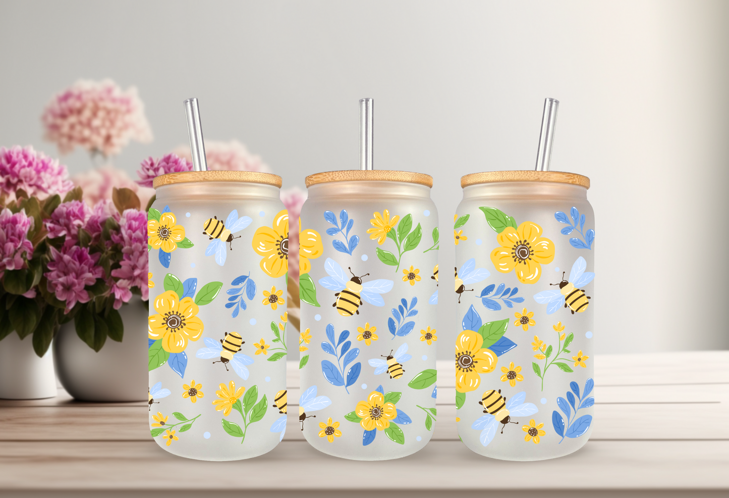 UVDTF Wrap Bees Flowers Floral Wrap for 16oz Can Glass Mug Tumbler, Ready to apply, Permanent Waterproof Adhesive