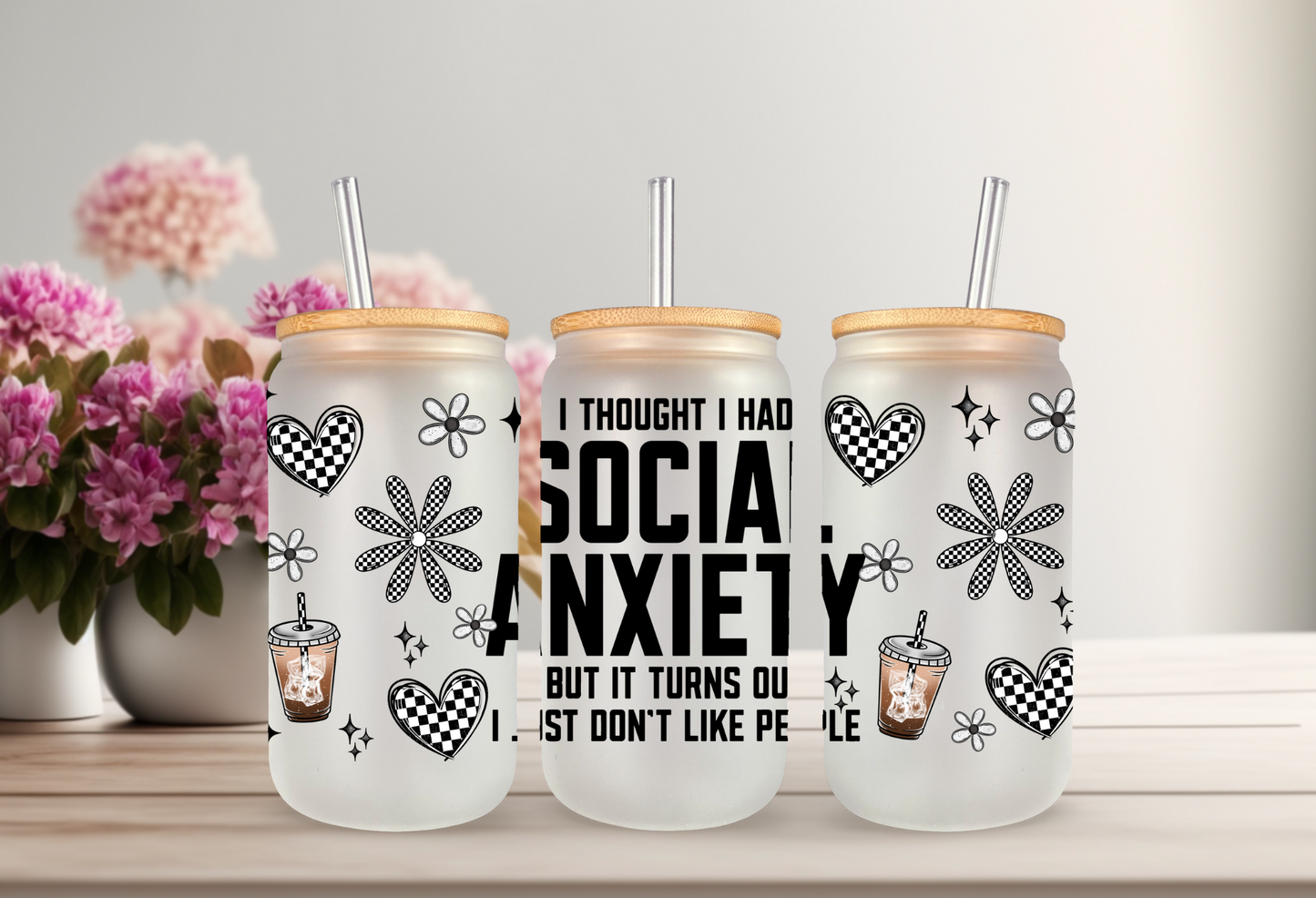 UVDTF Wrap Social Anxiety for 16oz Can Glass Mug Tumbler, Funny Sarcastic, Checkered Design, Ready to Apply, Permanent Waterproof Adhesive