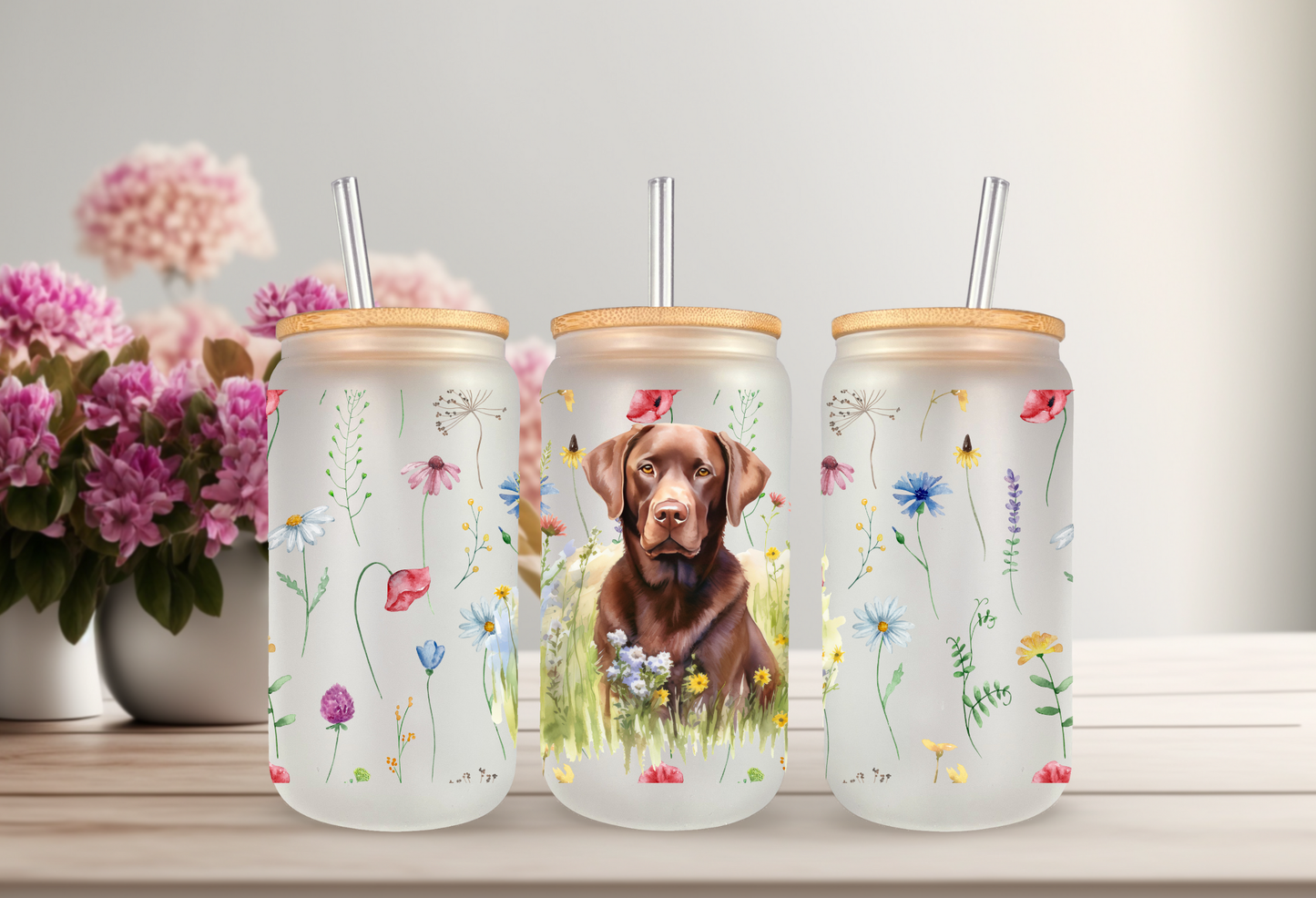 UVDTF Wrap Chocolate Lab Floral 16oz Can Glass Mug Tumbler, Dog Wrap, Ready to apply, Permanent Waterproof Adhesive