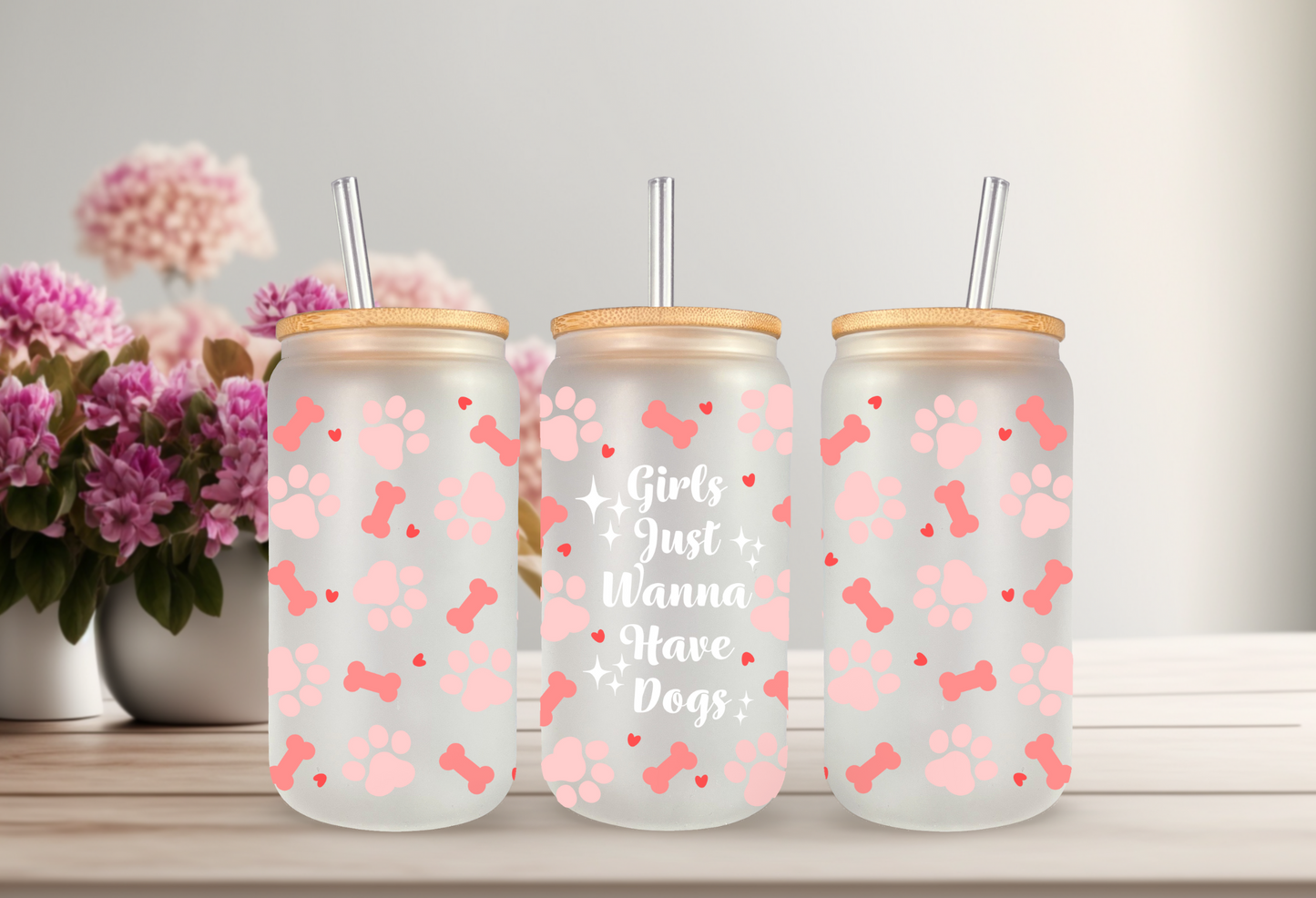 UVDTF Wrap Dogs Girls Just Wanna for 16oz Can Glass Mug Tumbler, Ready to apply, Permanent Waterproof Adhesive, Dog Mom Gift