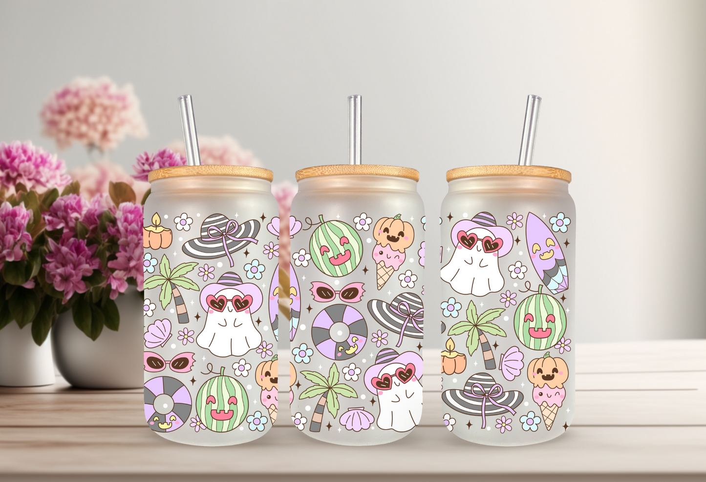 UVDTF Wrap Spooky Ghost Summer for 16oz Can Glass Mug Tumbler, Ready to apply, Permanent Waterproof Adhesive (Copy)