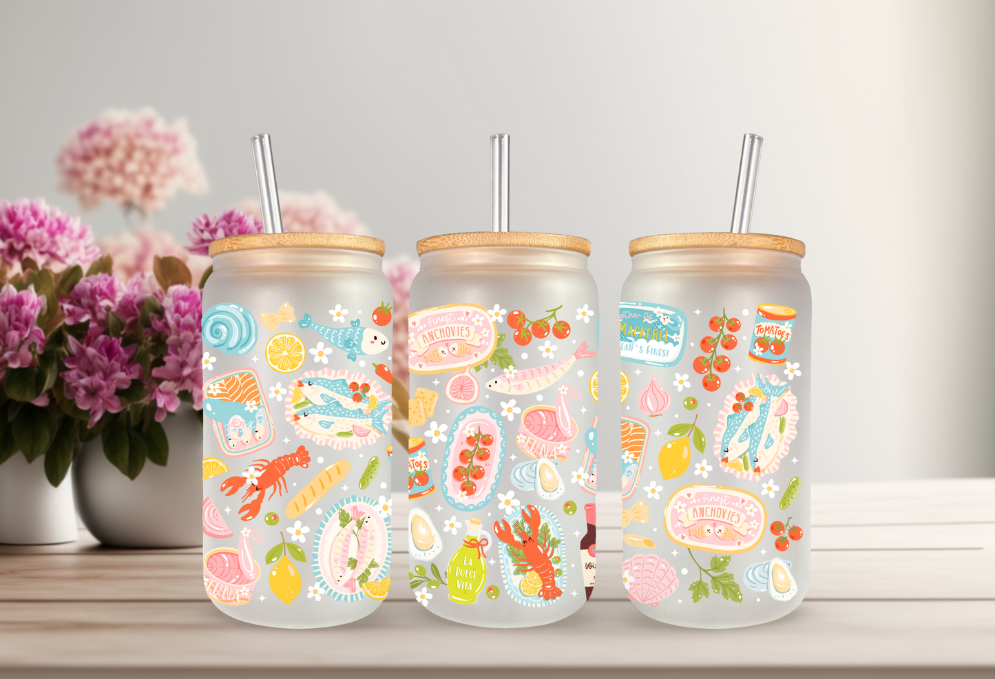 UVDTF Wrap Seafood Broil 16oz Can Glass Mug Tumbler Wrap, Ready to apply, Permanent Waterproof Adhesive, Double sided option