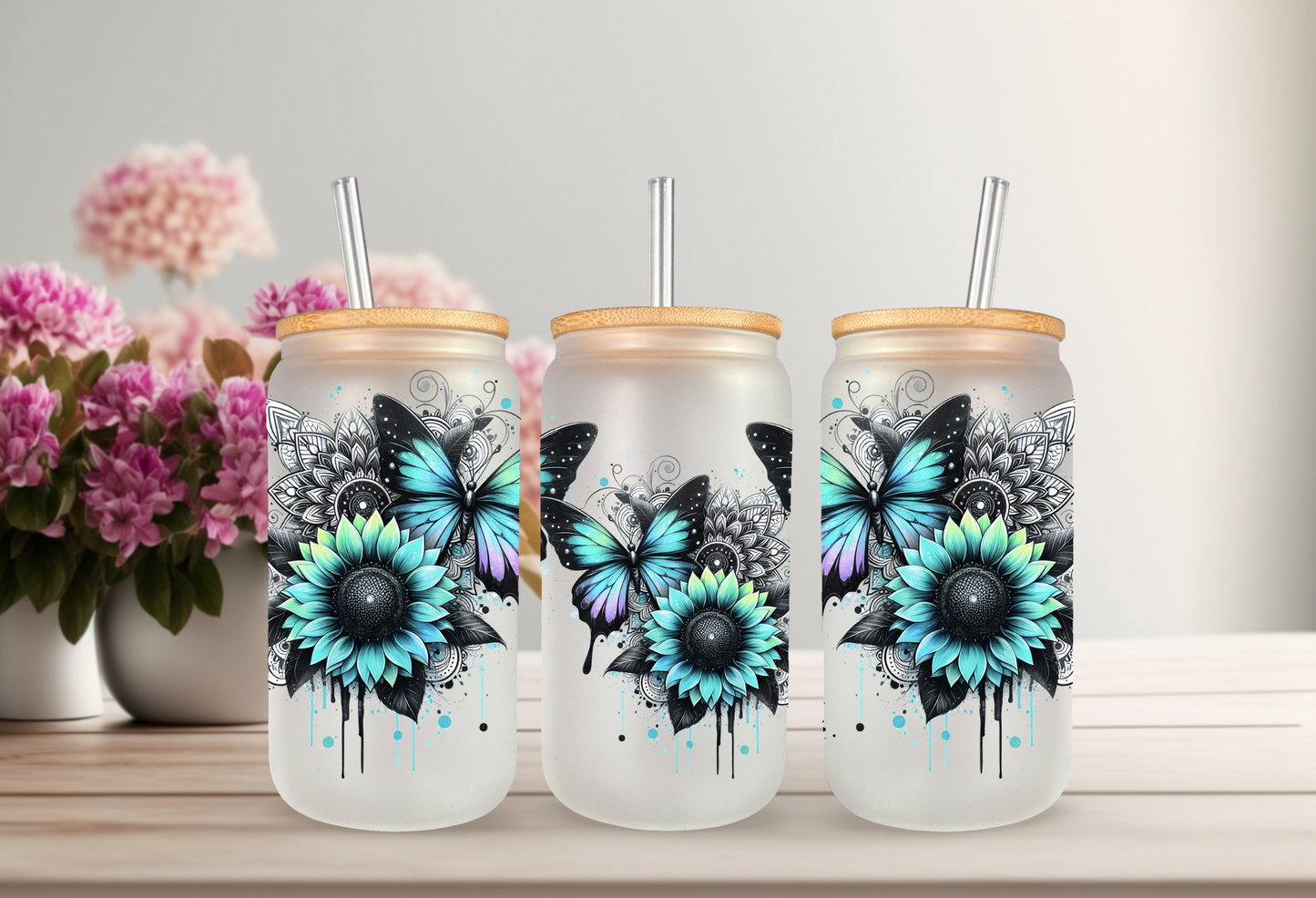 Butterfly Sunflower UV DTF Wrap For 16oz Can Glass Tumbler Full Wrap Permanent Decal Iced Coffee Cup Decor DIY Craft Supply
