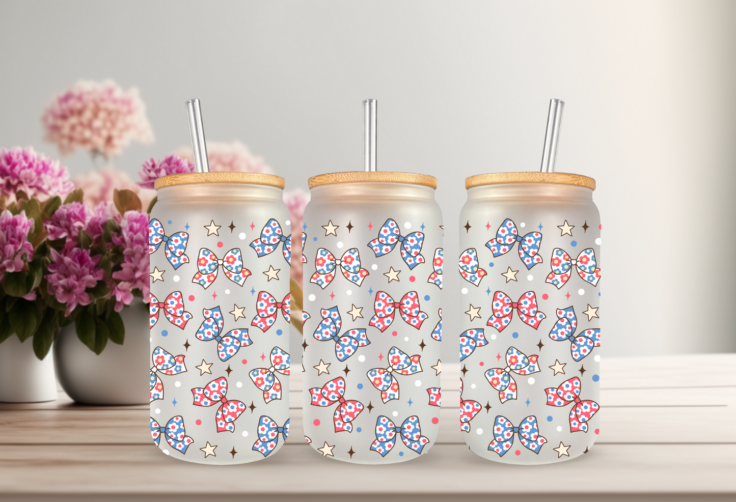 UVDTF Wrap Patriotic Bows 16oz Can Glass Mug Tumbler, Ready to apply, Permanent Waterproof Adhesive