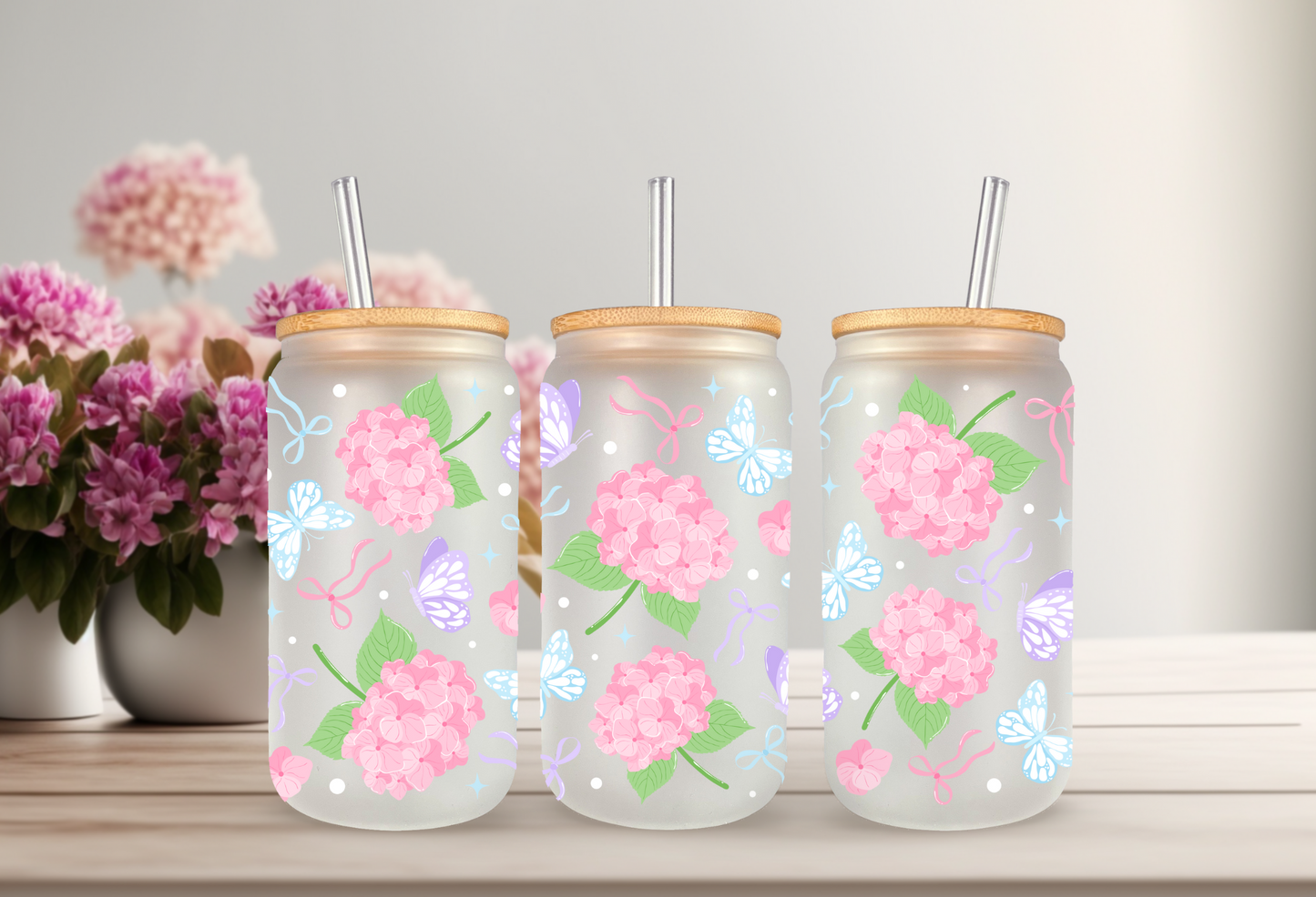 UVDTF Wrap Pink Hydrangea Butterfly 16oz Can Glass Mug Tumbler, Ready to apply, Permanent Waterproof Adhesive