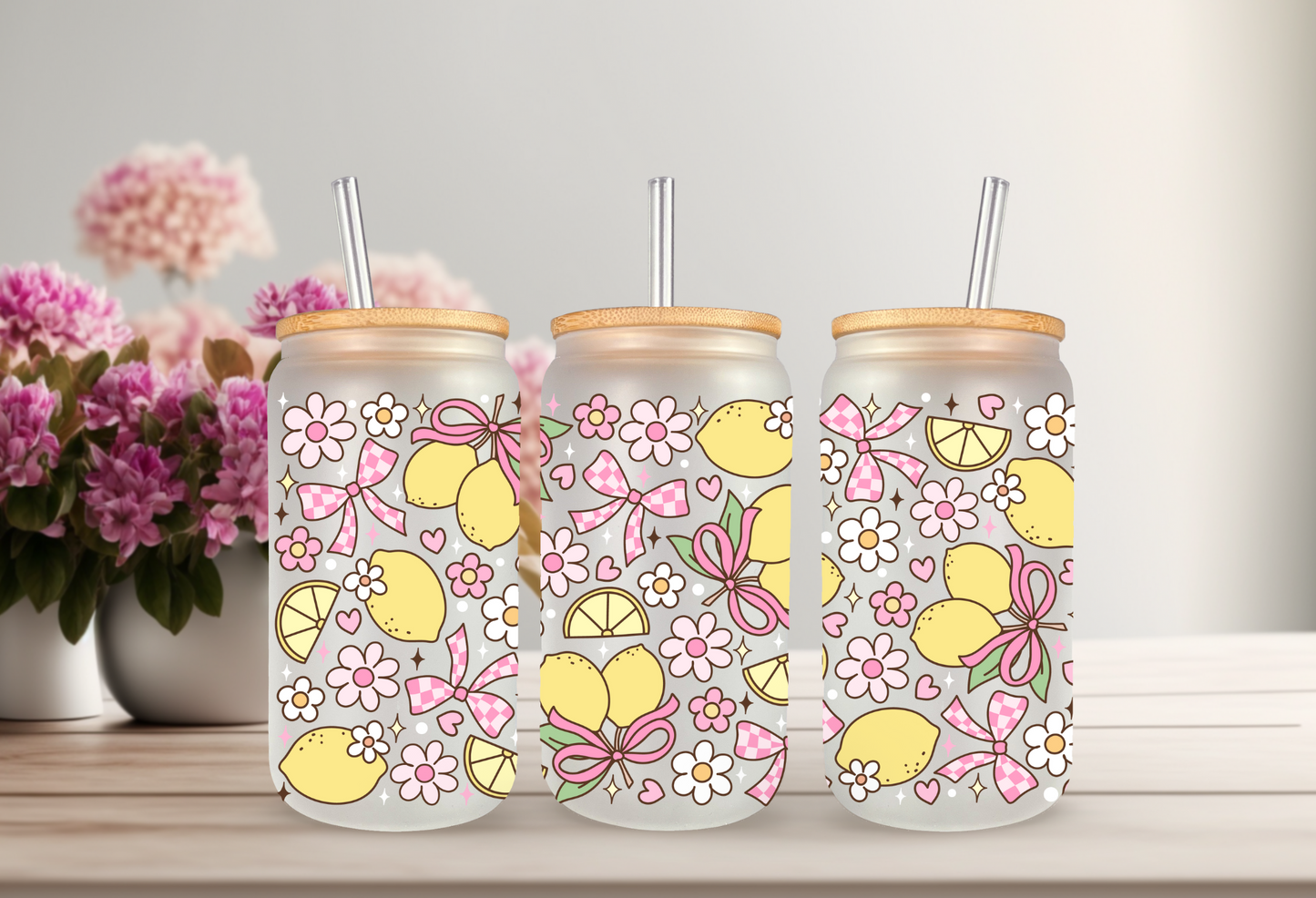 UVDTF Wrap Lemon Daisy Bow Checkered for 16oz Can Glass Mug Tumbler, Ready to apply, Permanent Waterproof Adhesive