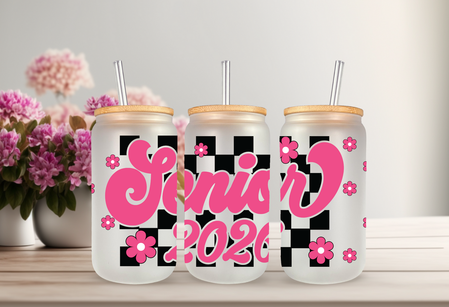 UVDTF Wrap Senior 2026 Checkered for 16oz Can Glass, Mug Tumbler, Ready to Apply, Permanent Adhesive, Exclusive