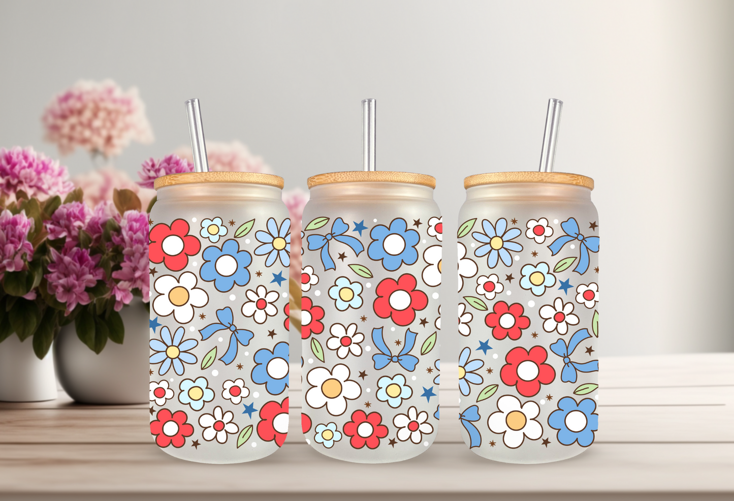 UVDTF Wrap Floral Independence Day 16oz Can Glass Mug Tumbler, Ready to apply, Permanent Waterproof Adhesive