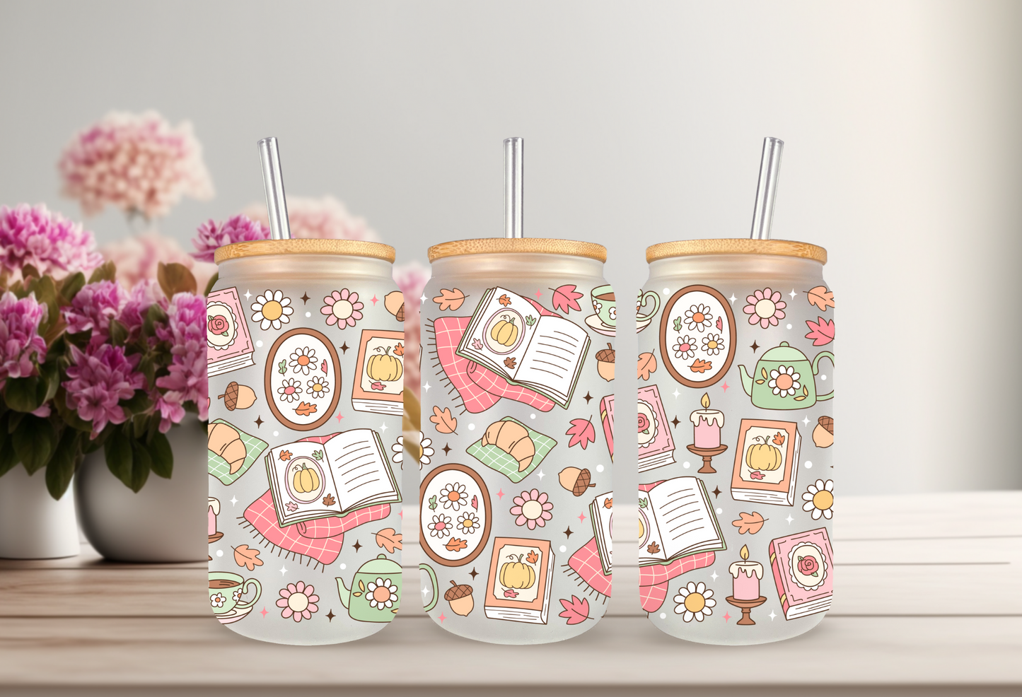 UVDTF Wrap Autumn Bookish 16oz Can Glass Mug Tumbler Wrap, Ready to apply, Permanent Waterproof Adhesive, Double sided option