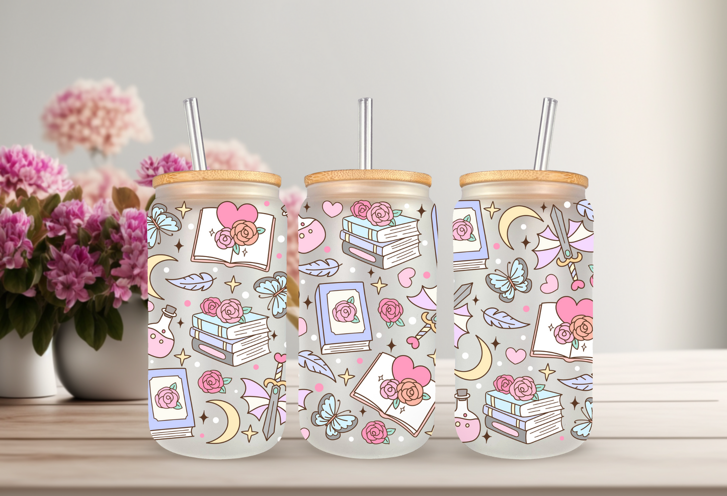 UVDTF Wrap Fantasy Books 16oz Can Glass Mug Tumbler, Ready to apply, Permanent Waterproof Adhesive
