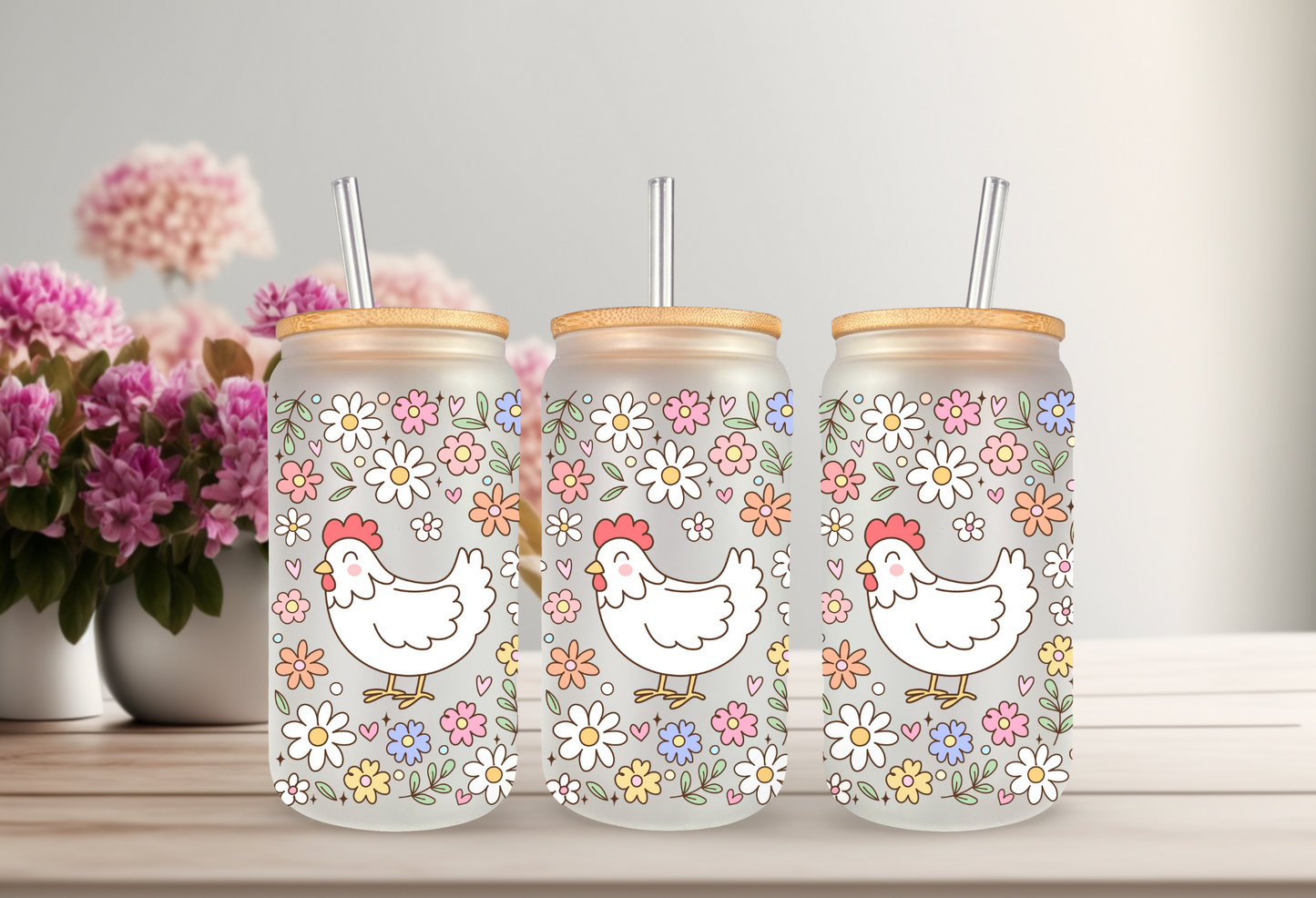 UVDTF Wrap Floral Chicken 16oz Can Glass Mug Tumbler Wrap, Ready to apply, Permanent Waterproof Adhesive, Double sided option