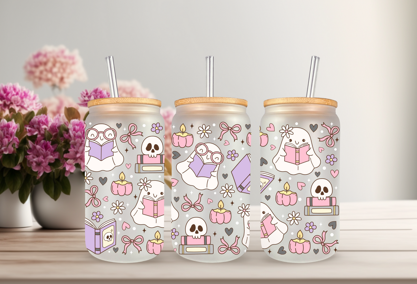 UVDTF Wrap floral Ghost Books 16oz Can Glass Mug Tumbler Wrap, Ready to apply, Permanent Waterproof Adhesive, Double sided option (Copy)