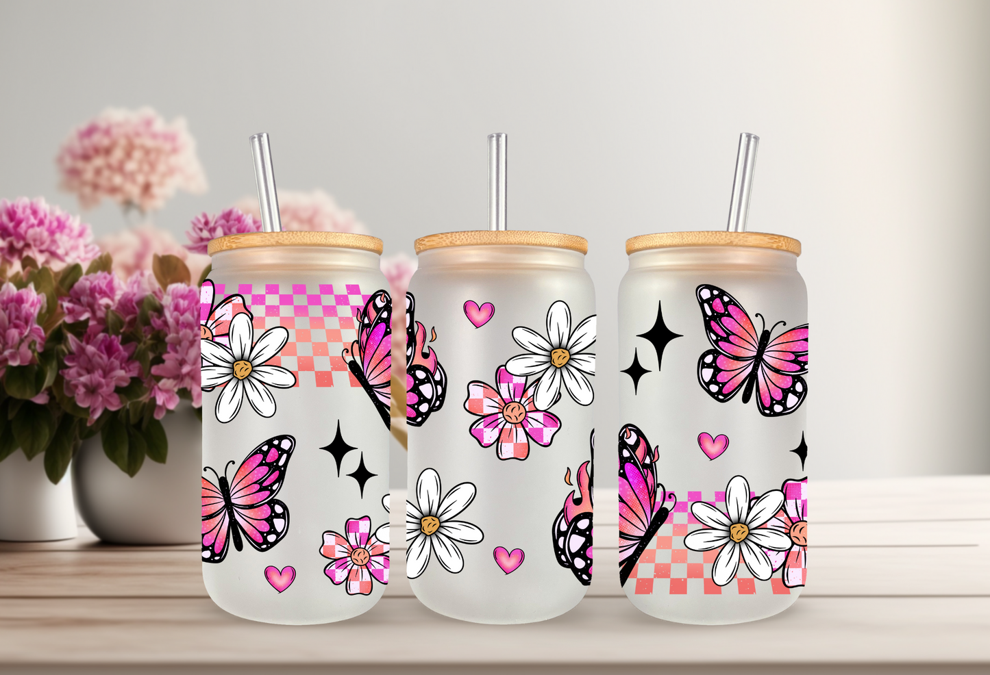 UVDTF Wrap Butterfly Daisy Checker for 16oz Can Glass Mug Tumbler, Butterfly Wrap, Ready to apply, Permanent Waterproof Adhesive