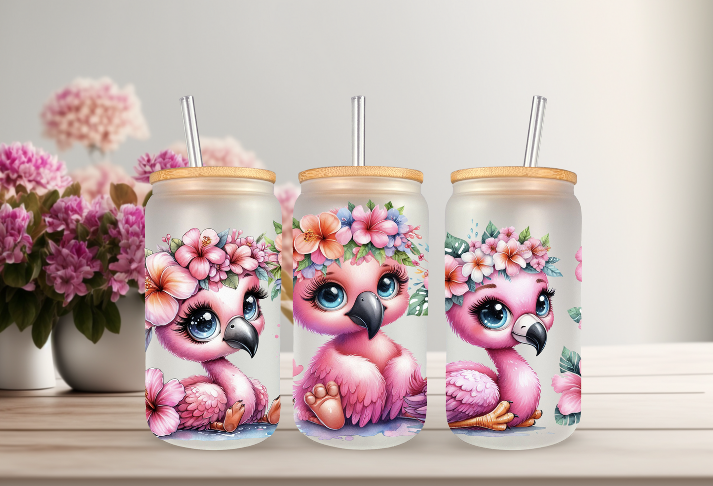 Floral Pink Flamingo UVDTF Wrap For 16oz Can Glass Tumbler, Ready to apply, Permanent Waterproof Adhesive