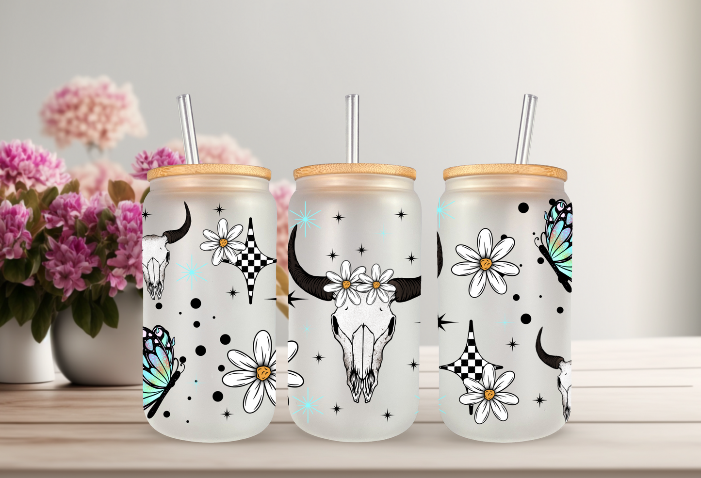 UVDTF Wrap Daisy Butterfly Cow Skull for 16oz Can Glass Mug Tumbler, Ready to apply, Permanent Waterproof Adhesive, Double Sided Option