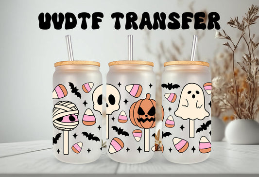 UVDTF Wrap Halloween Sweet Candy 16 oz Can Glass, Mug, Tumbler,Ready to Apply, Permanent Adhesive, Double Sided Print
