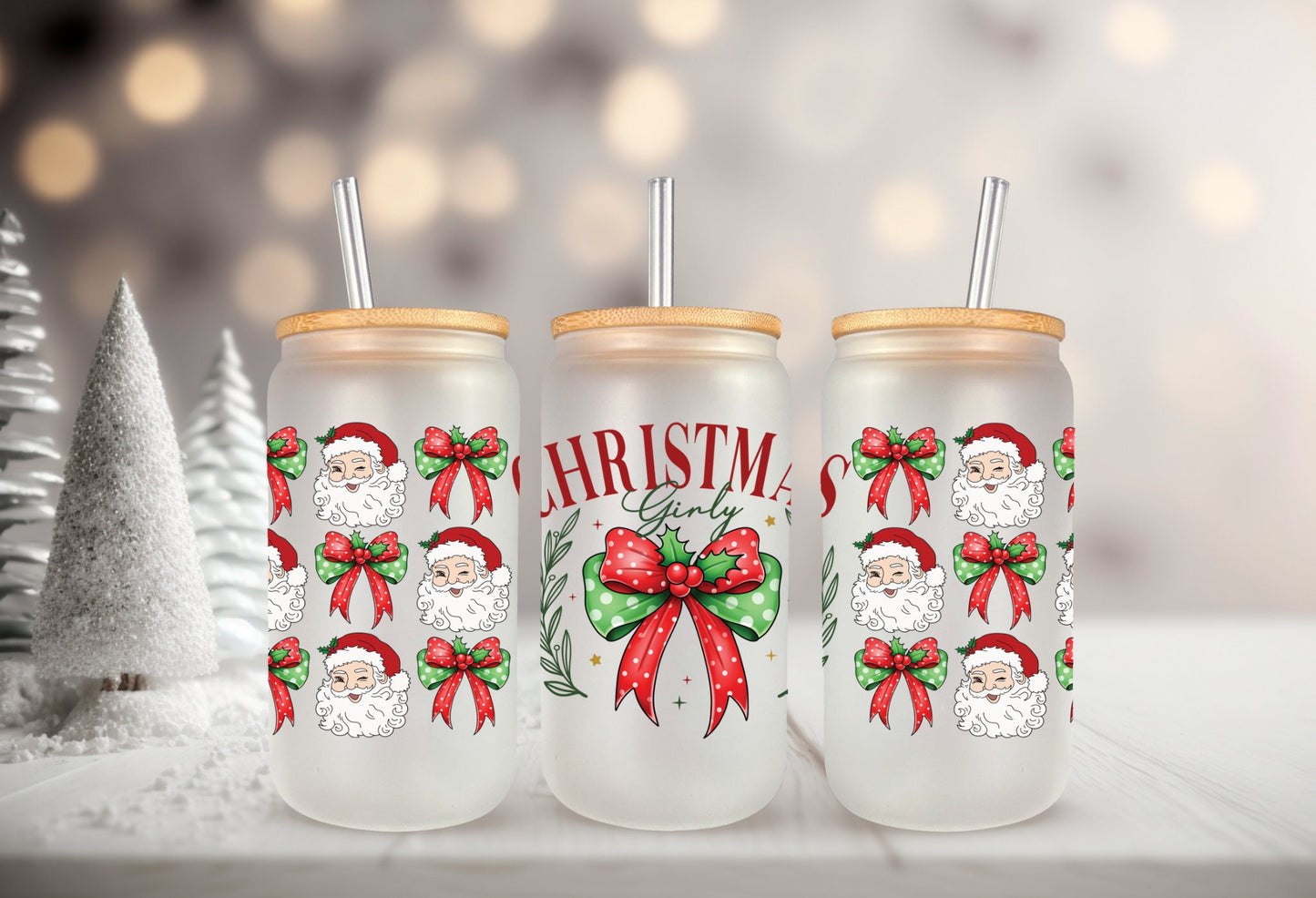 UVDTF Wrap Christmas Girly Coquettes Bows 16oz Can Glass Mug Tumbler, Ready to apply, Exclusive Design, Permanent Waterproof Adhesive