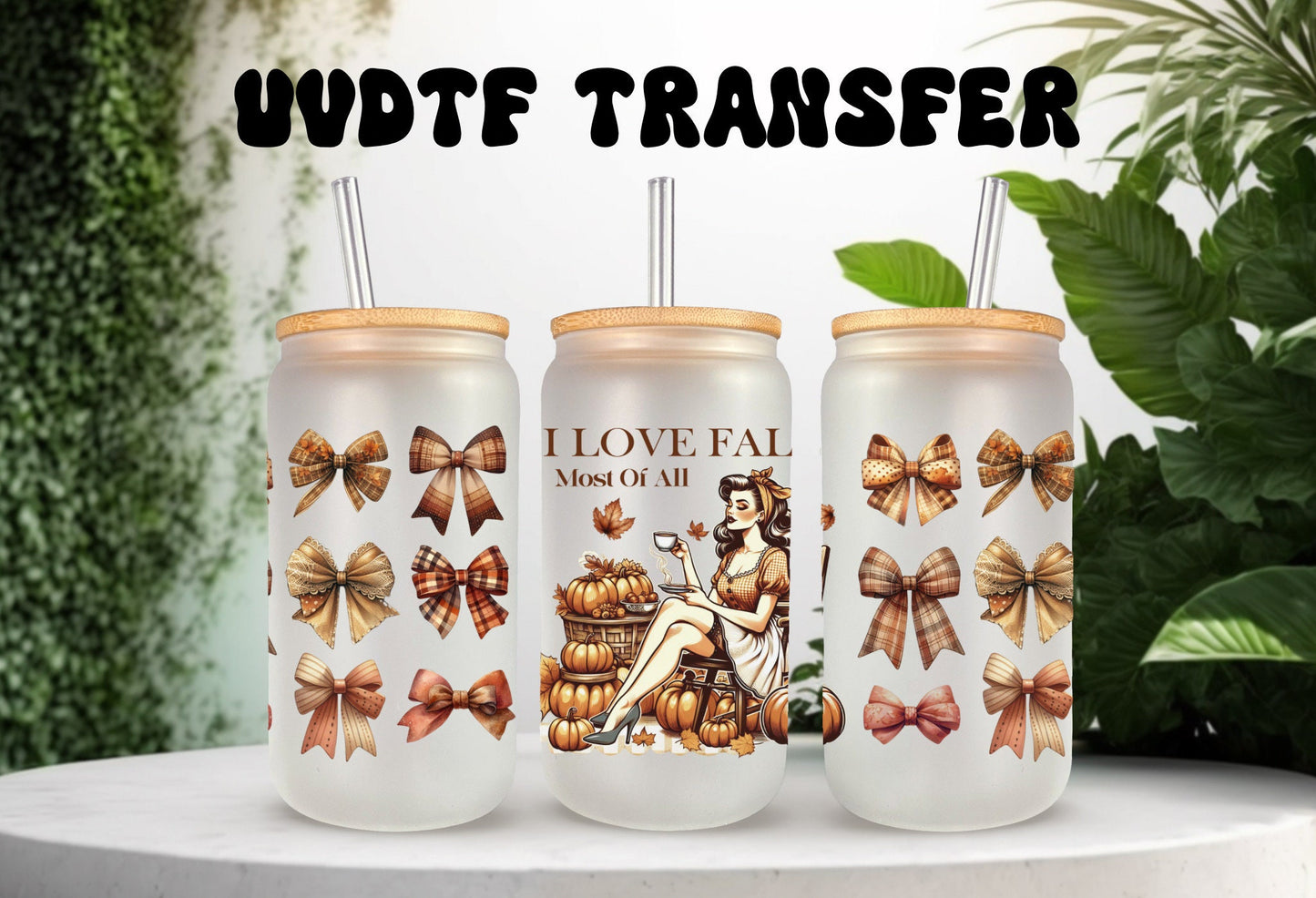 UVDTF Wrap I Love Fall Vintage Girl Coquette Bows for 16oz Can Glass Mug Tumbler, Ready to apply, Permanent Waterproof Adhesive