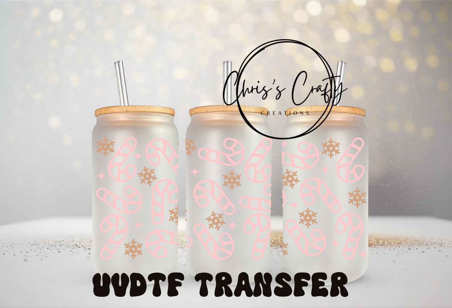 UVDTF WRAPS Pink Christmas Bundle for 16oz Can Glass Mug Tumbler, Ready to Apply, Permanent Waterproof Adhesive