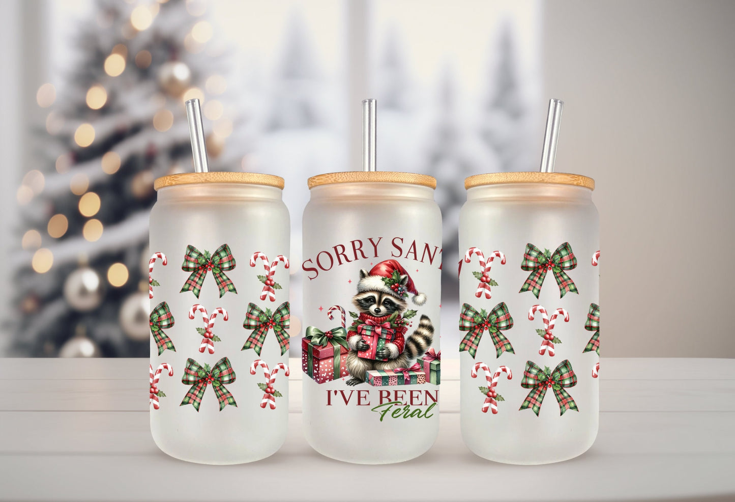 UVDTF Wrap Sorry Santa I’ve Been Feral Racoon Coquettes Bows 16oz Can Glass, Mug,  40oz  Tumbler, Ready to apply, Christmas Wrap