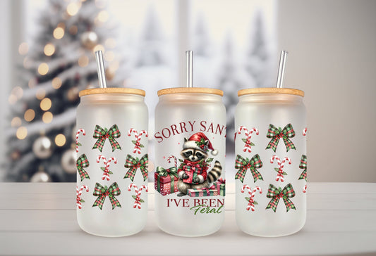 UVDTF Wrap Sorry Santa I’ve Been Feral Racoon Coquettes Bows 16oz Can Glass, Mug,  40oz  Tumbler, Ready to apply, Christmas Wrap