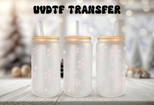 UVDTF Wrap Pink Snowflakes 16oz Can Glass Mug Tumbler. Winter Wrap, Ready to Apply, Permanent Waterproof Adhesive, Double Sided Print