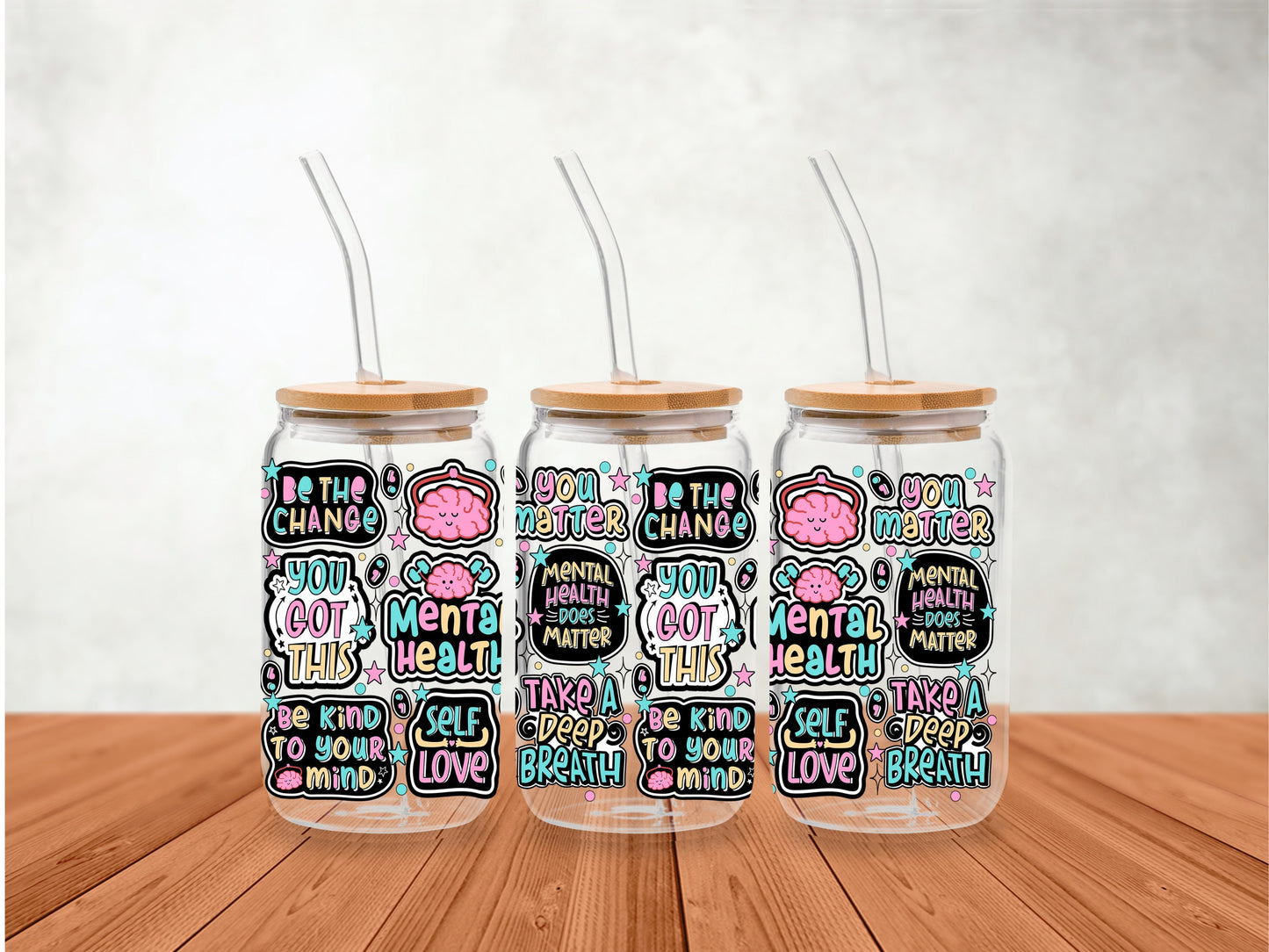 UVDTF Wrap Mental Health Matters 16oz Can Glass Mug Tumbler, Positive Quotes, Ready to Apply, Permanent Waterproof Adhesive