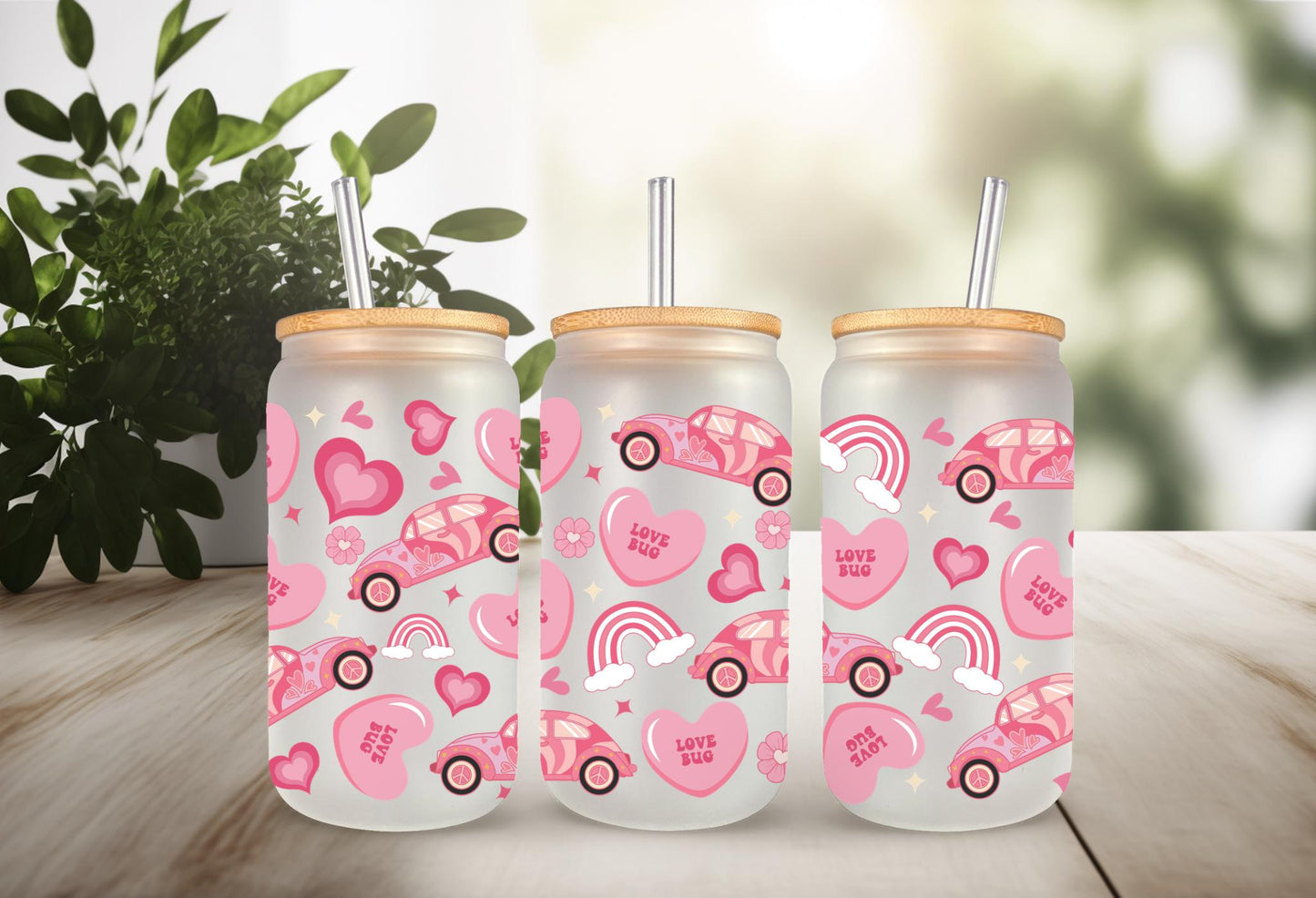 UVDTF Wrap Heart Valentine’s Love Bug 16oz Can Glass Mug Tumbler, Ready to Apply, Permanent Waterproof Adhesive