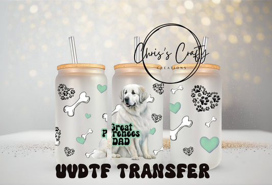 UVDTF Wrap Great Pyrenees 16oz Can Glass Mug Tumbler, Dog Mom Dad Wrap, Ready to apply, Permanent Waterproof Adhesive, Bundle Save Option
