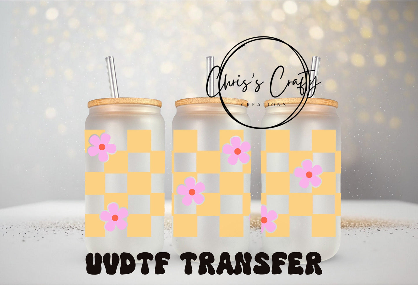 UVDTF Wrap Retro Flowers Checkers 16oz Can Glass Mug Tumbler, Groovy Cup, Ready to Apply, Permanent Waterproof Adhesive