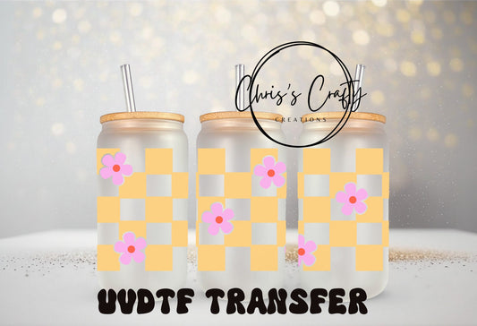 UVDTF Wrap Retro Flowers Checkers 16oz Can Glass Mug Tumbler, Groovy Cup, Ready to Apply, Permanent Waterproof Adhesive