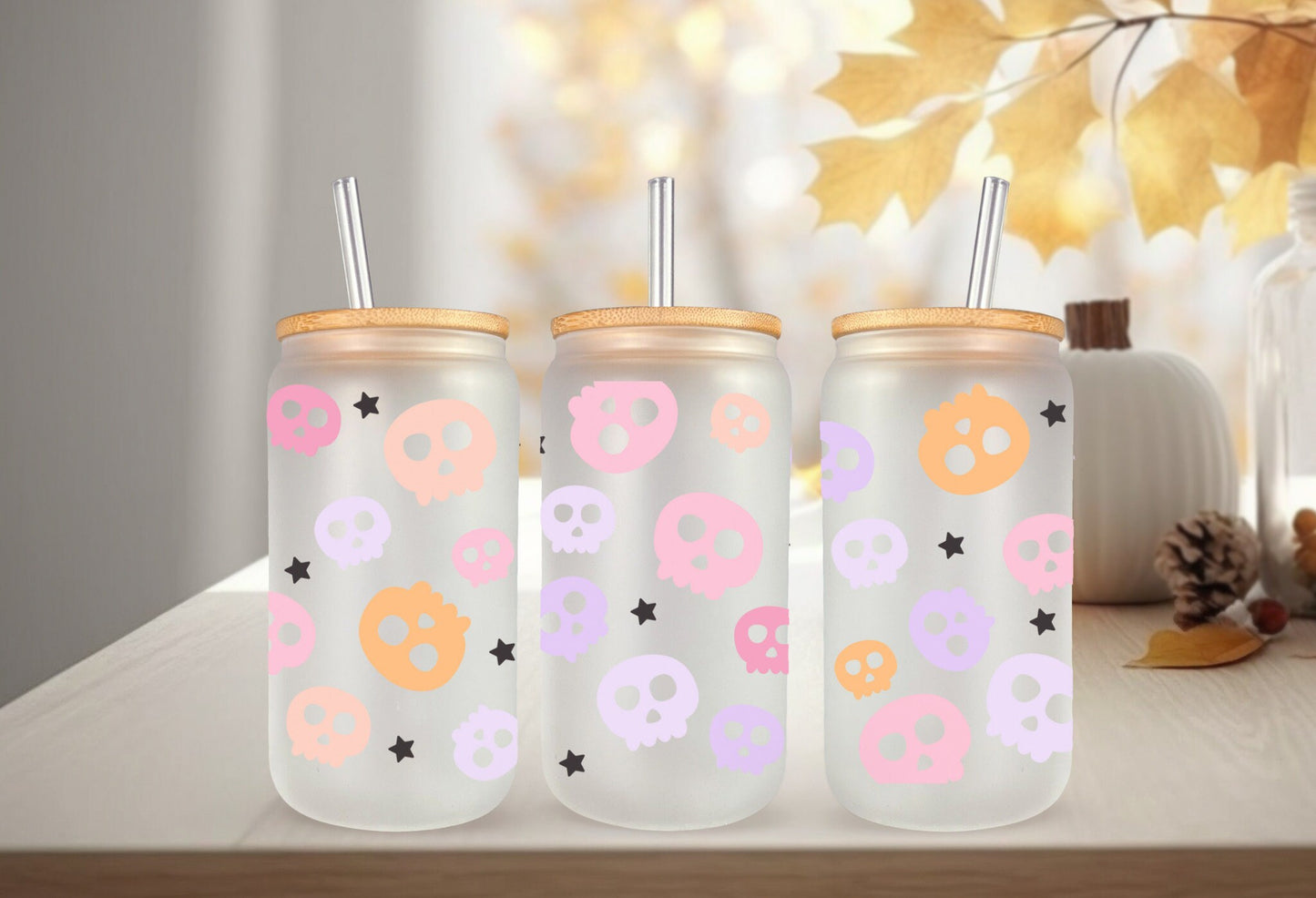 UVDTF Wrap Colorful Skull  for 16oz Can Glass, Mug, or Tumbler, Halloween Candy, Ready to apply, Permanent Adhesive Waterproof