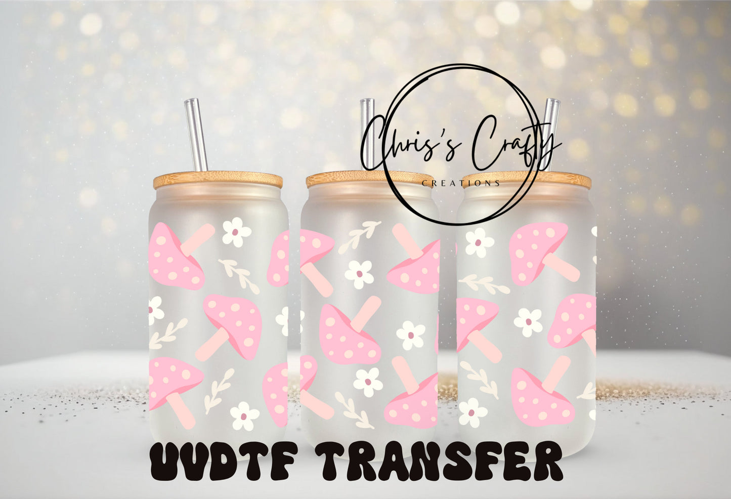 UVDTF Wrap Mushroom Pink Daises 16 oz Can Glass Mug Tumbler, Mushroom Wrap, Ready to Apply, Permanent Waterproof Adhesive