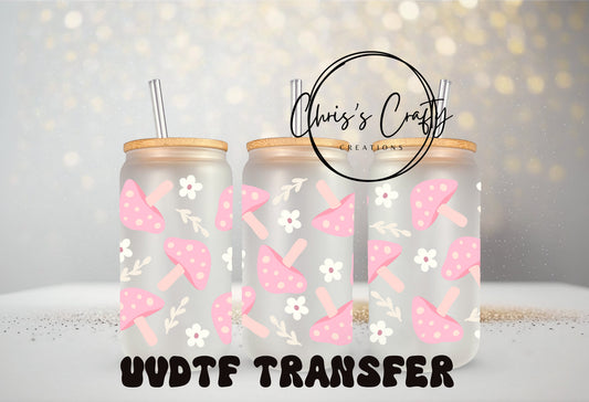UVDTF Wrap Mushroom Pink Daises 16 oz Can Glass Mug Tumbler, Mushroom Wrap, Ready to Apply, Permanent Waterproof Adhesive