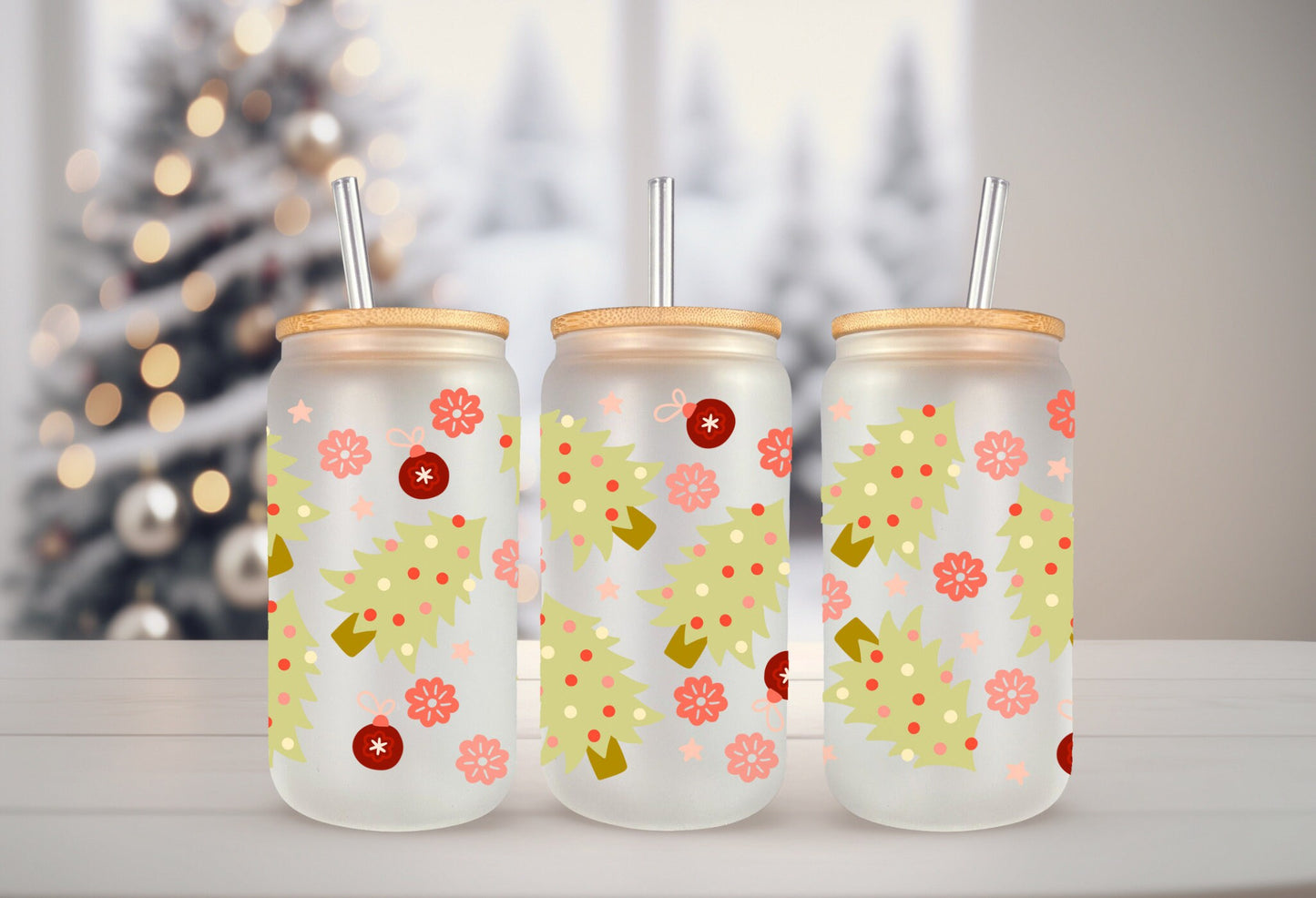 UVDTF Wrap Christmas Trees Ornaments for 16oz Can Glass Mug Tumbler, Ready to apply, Waterproof Permanent Adhesive, Double sided option