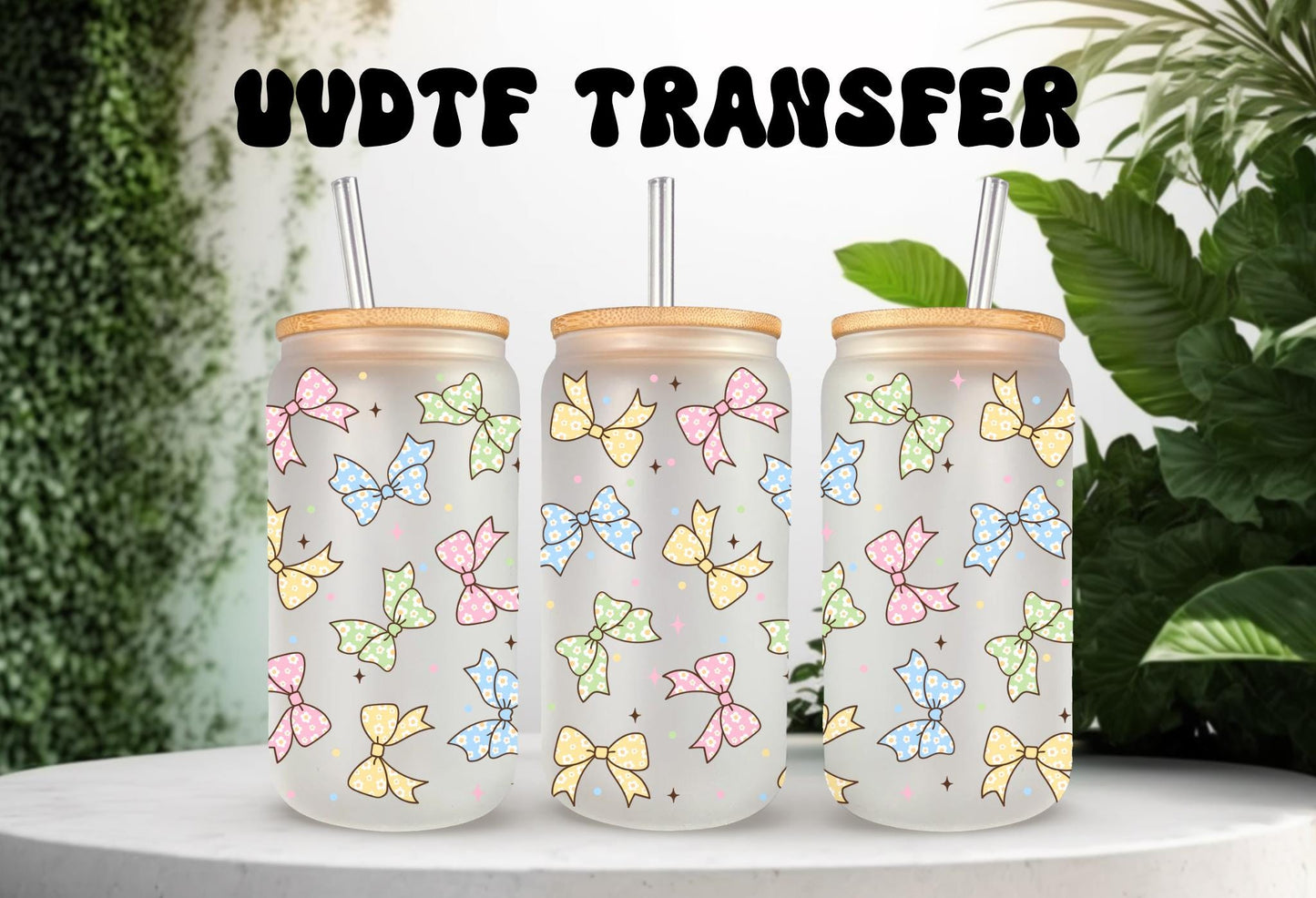 UVDTF Wrap Pastel Coquette Bow 16oz Can Glass Mug Tumbler, Ready to apply, Permanent Waterproof Adhesive
