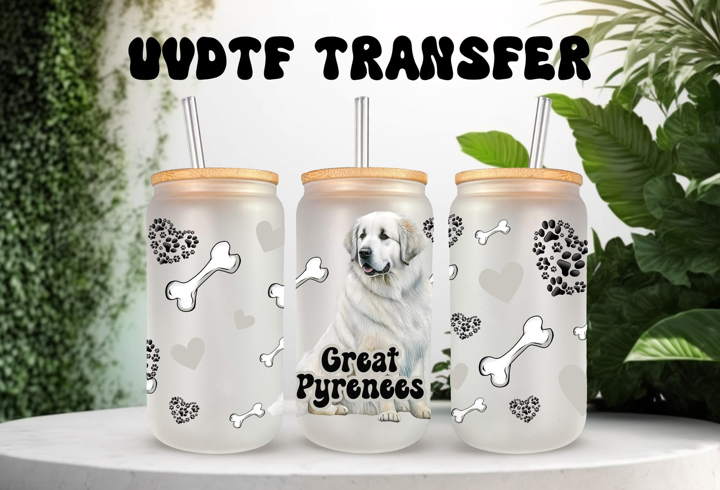 UVDTF Wrap Great Pyrenees 16oz Can Glass Mug Tumbler, Dog Wrap, Ready to apply, Permanent Waterproof Adhesive, Bundle Save Option