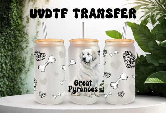 UVDTF Wrap Great Pyrenees 16oz Can Glass Mug Tumbler, Dog Wrap, Ready to apply, Permanent Waterproof Adhesive, Bundle Save Option