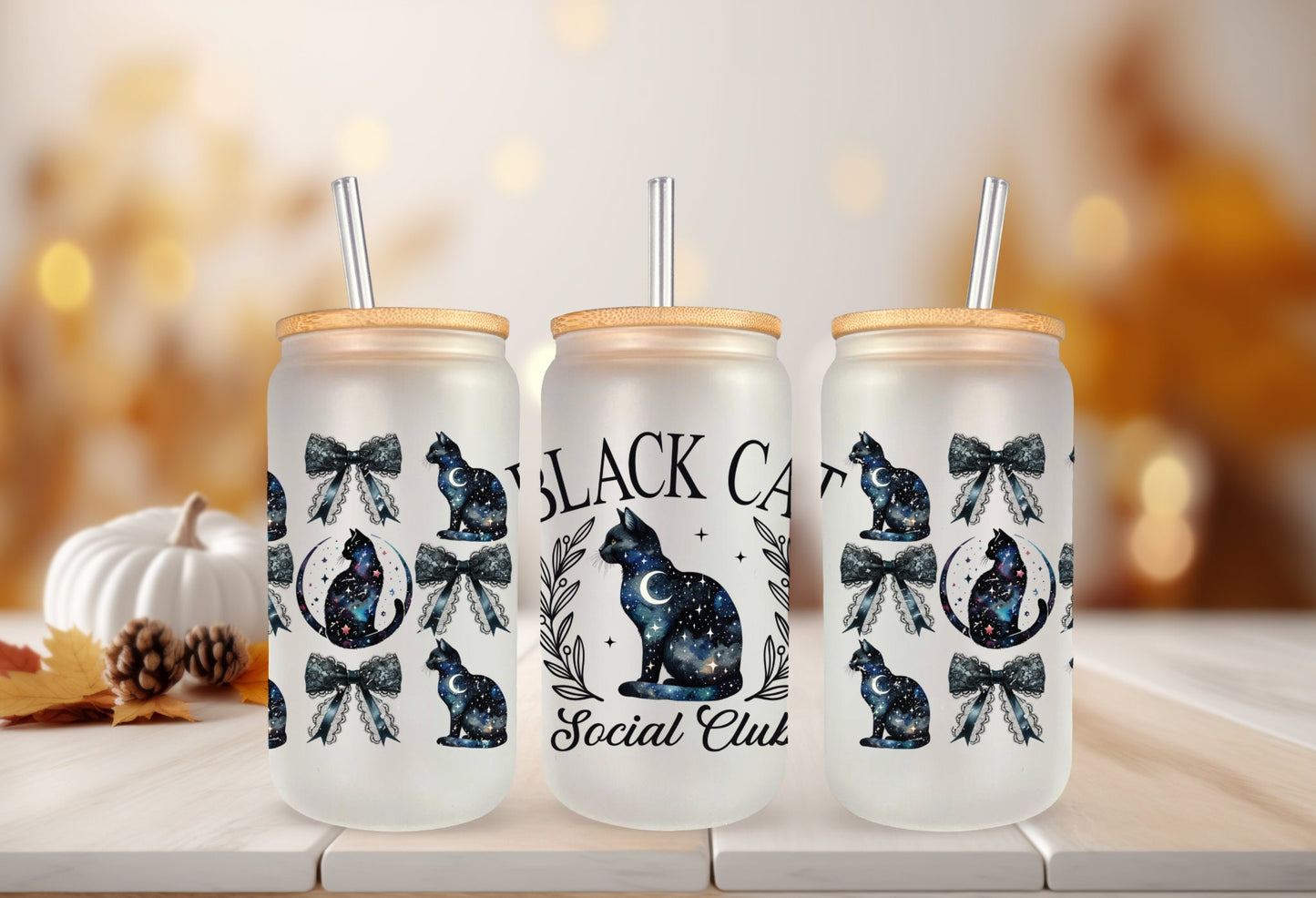 UVDTF Wrap Black Cat Social Club Coquettes Bows 16 oz Can Glass, Mug, Tumbler, Ready to Apply, Permanent Waterproof Adhesive