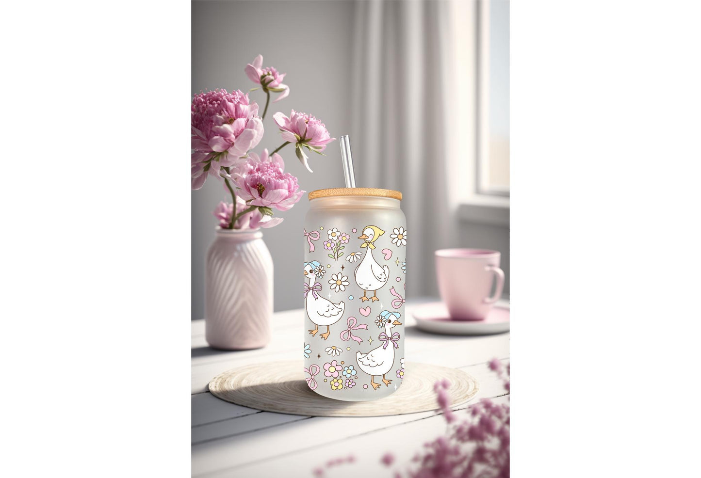 UVDTF Wrap Floral Mama Goose 16oz Can Glass Mug Tumbler Wrap, White Goose, Ready to apply, Permanent Waterproof Adhesive