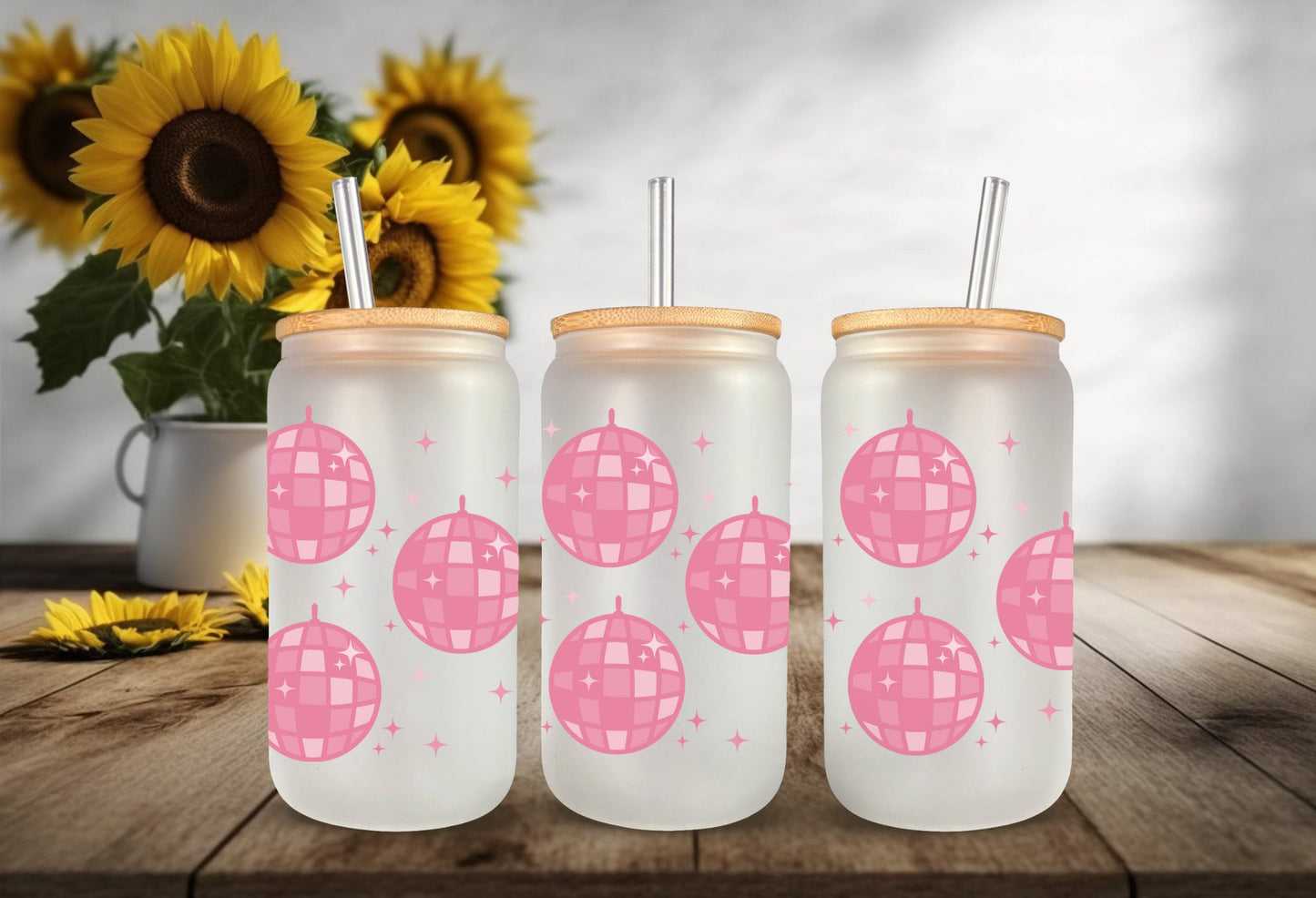 UVDTF Wrap Pink Disco Ball  16 oz Can Glass Mug Tumbler, Ready to apply, Permanent Waterproof Adhesive, Add on a Can Glass