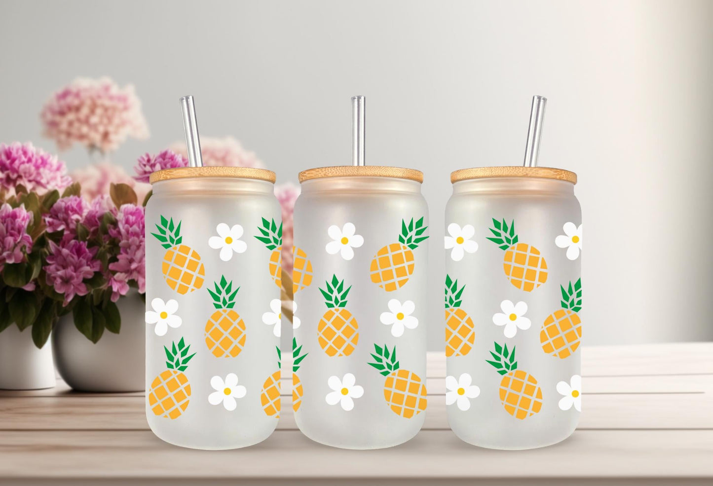 UV DTF Wrap Transfer for 16 oz Can Glass - pineapple & Daisy Design Perfect for Crafting, Custom Drinkware, Tumblers, and Gifts