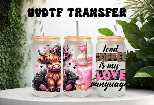 UVDTF Wrap Highland Cow Tutu Iced Coffee Love Language 16oz Can Glass Mug Tumbler Wrap, Ready to apply, Permanent Waterproof Adhesive