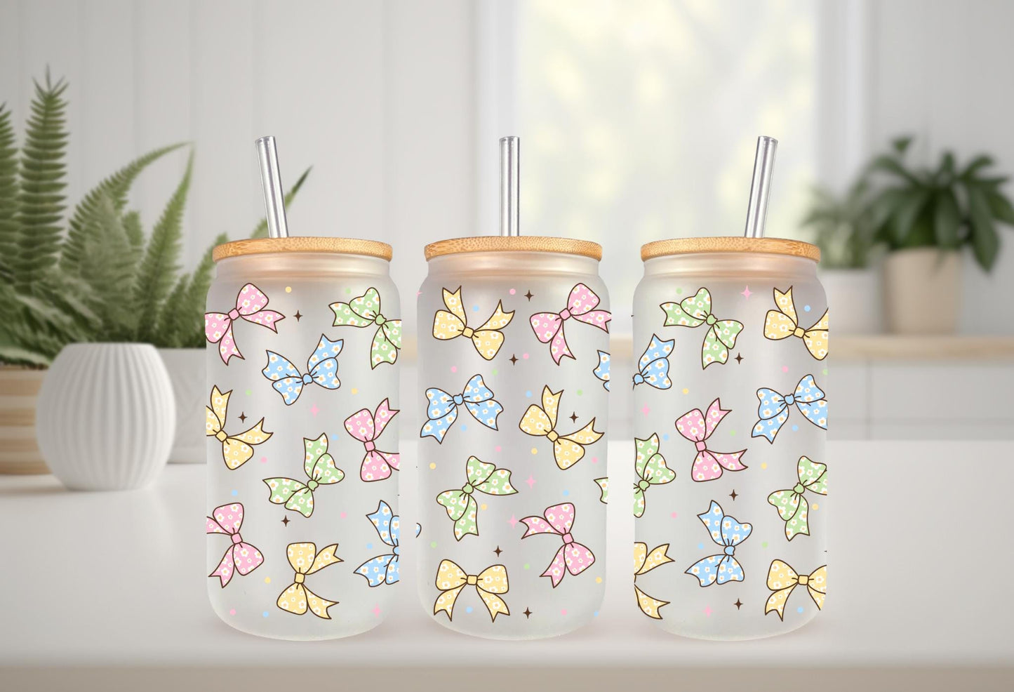 UVDTF Wrap Pastel Coquette Bow 16oz Can Glass Mug Tumbler, Ready to apply, Permanent Waterproof Adhesive